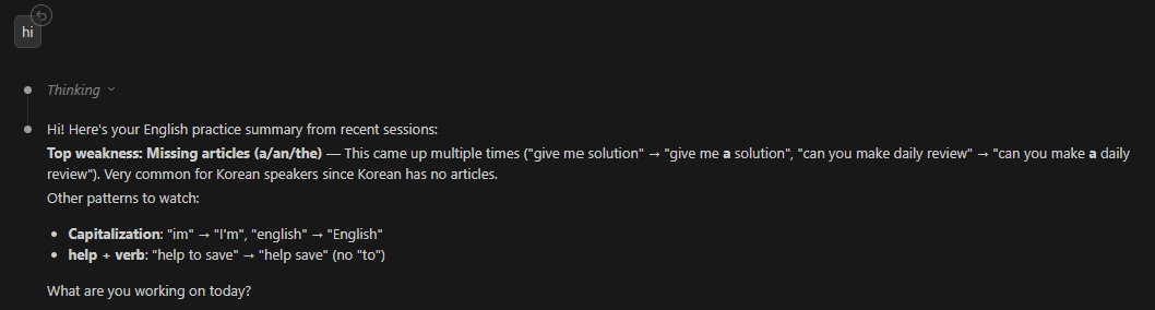 세션 시작 시 영어 약점 분석 결과