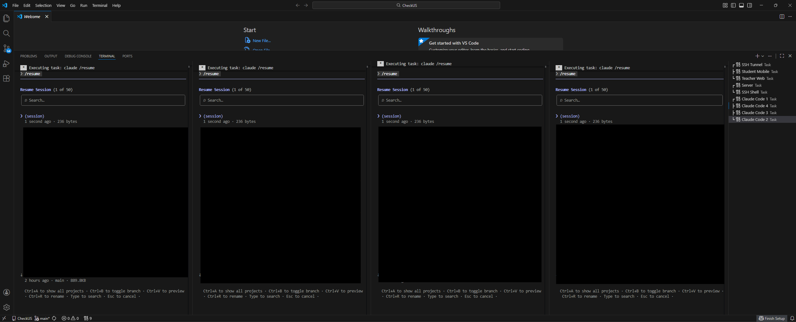 VS Code에서 9개 태스크가 자동 실행된 모습 — Claude Code 4개가 4분할로 동시에 뜬다