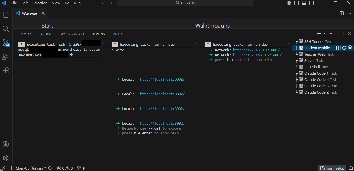 dev 그룹 — SSH Tunnel, Web App, Mobile App이 3분할로 실행 중