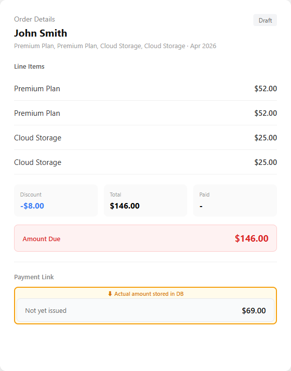 Payment link shows correct amount