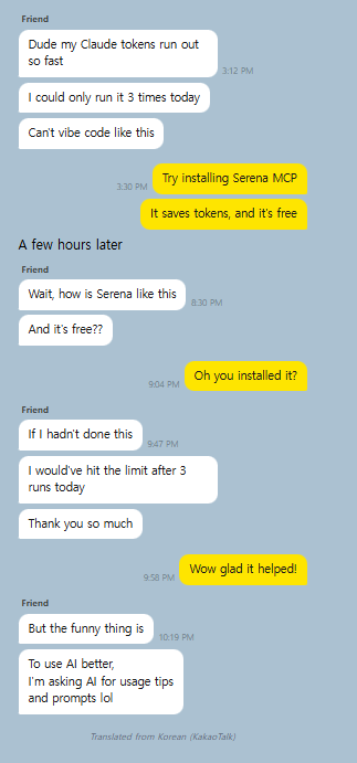 Recommending Serena to a friend who was burning through tokens too fast